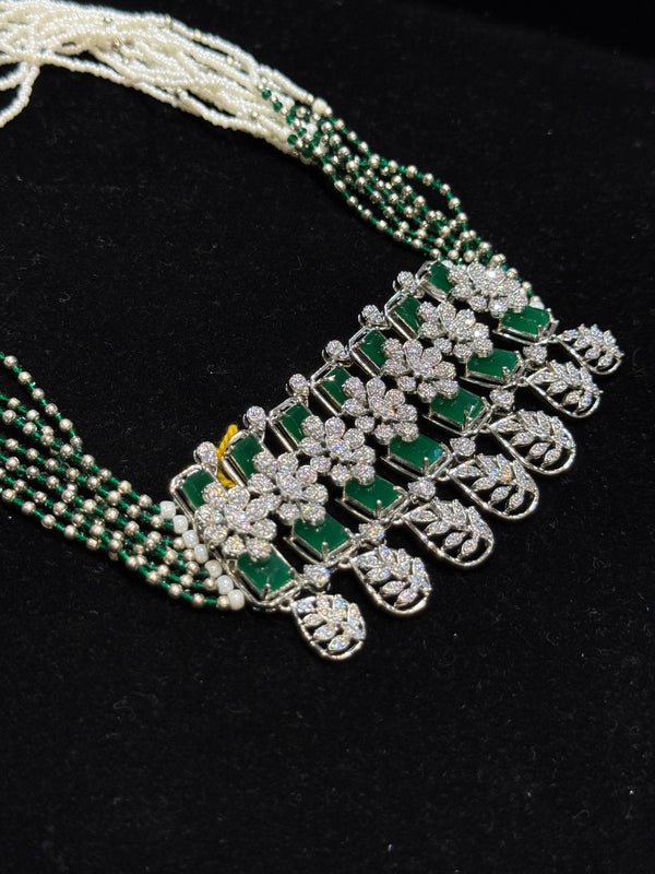 Green Emerald white Moti 925 silver necklace