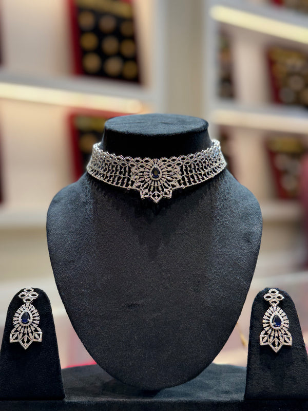 Single blue stone Cz choker 925 Necklace