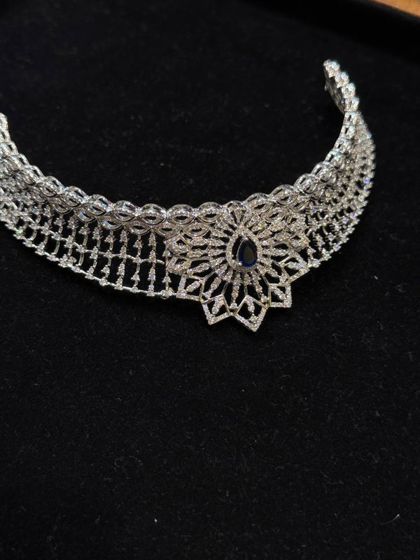 Single blue stone Cz choker 925 Necklace